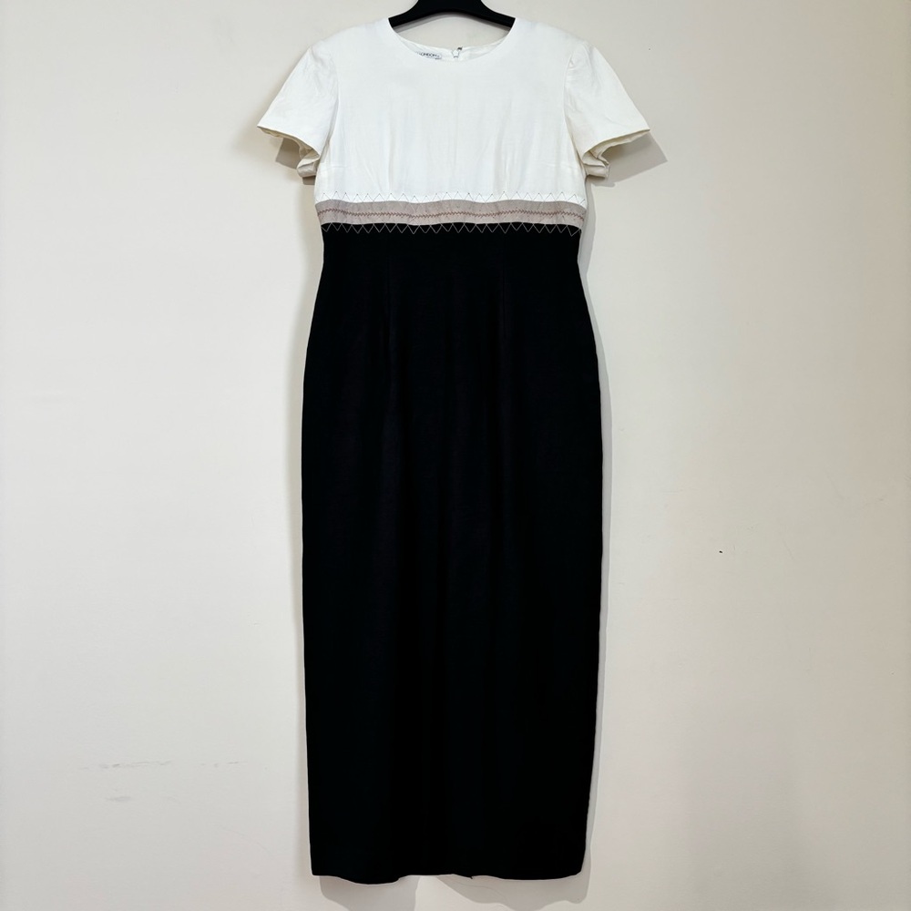 Vintage Maggy London linen rayon white black short sleeve formal prom maxi dress